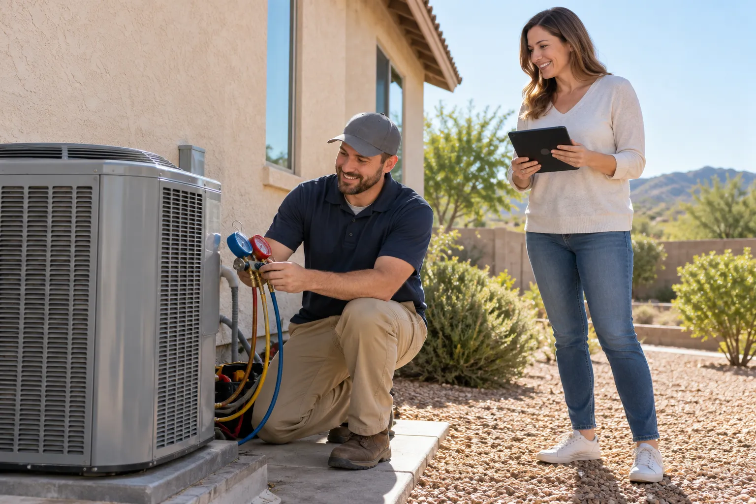 A local HVAC provider inspecting an outdoor air conditioner at a stucco ranch home in Irvine