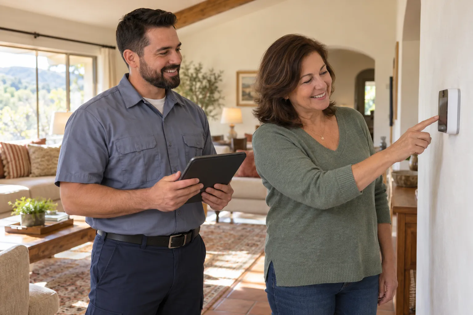 A homeowner checking a thermostat in a bright living room in Irvine